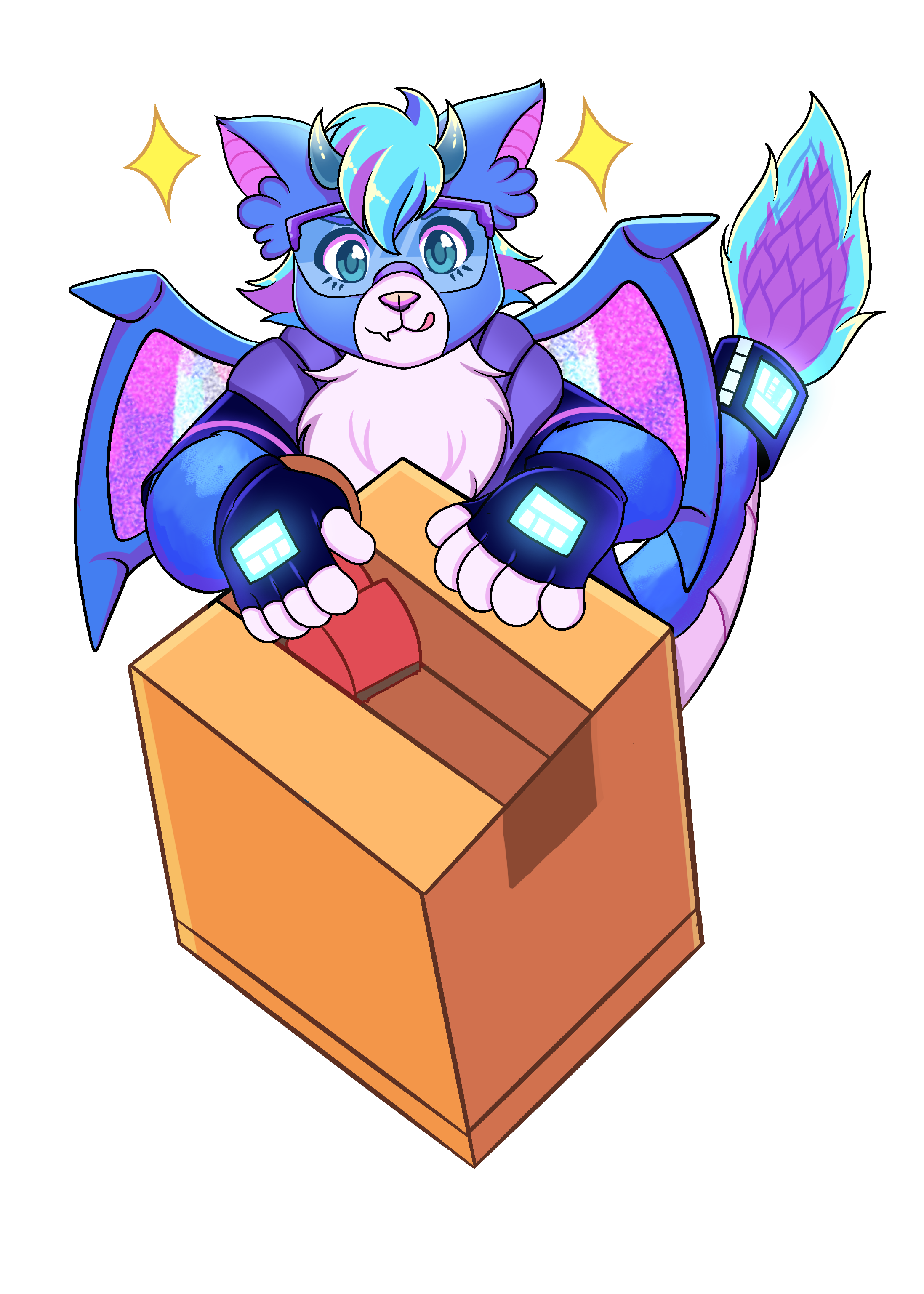Blue dragon mascot taping up a box